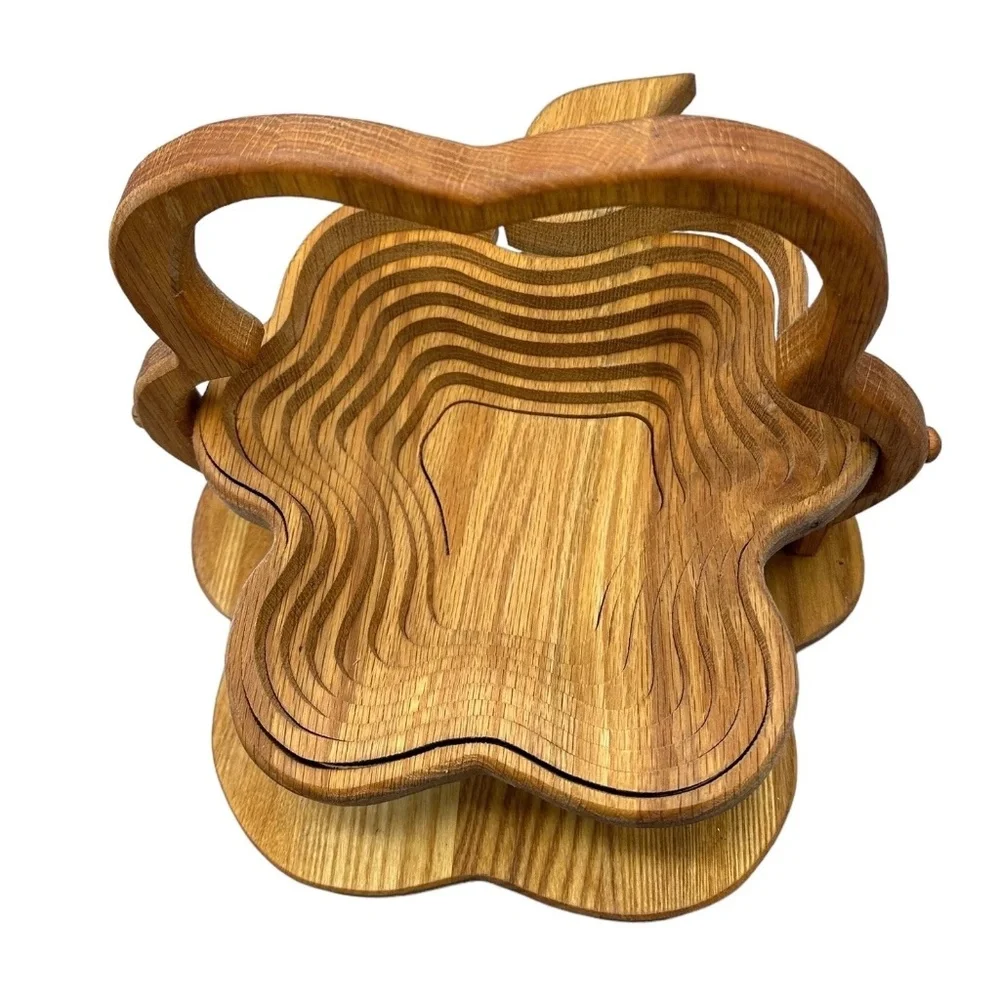 Wood Shamrock Hand Carved Collapsible Fruit Basket w Folding‎ Trivet Lucky Irish